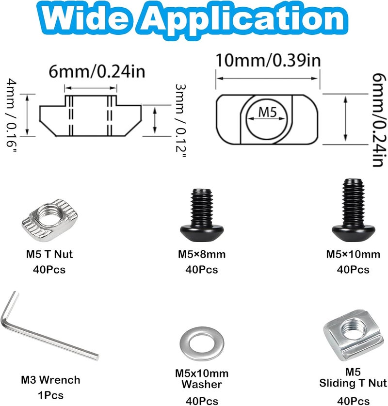 Yinpecly 200Pcs M5 T-Nuts Screws Kit, Hammer Head T Slot Nut for 2020 Series Aluminum Extrusion, M5 Hexagon Socket Screws, T Sliding Nut, Washers, Black - Image 2